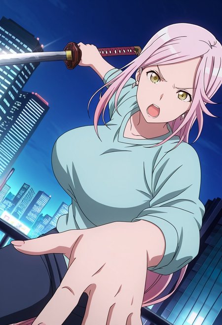 general,highres, ultra-detailed,very aesthetic,best quality ,best hands,best eyes,easynegative,
dynamic anglre, dutch angle, anime cloring,anime screencap,
1girl solo,looking at viewer,city,night, open mouth, holding katana, fighting, 
Yuuko Sagiri,pink_hair, long_hair, yellow eyes, huge_breasts, earrings,shirt,pants,