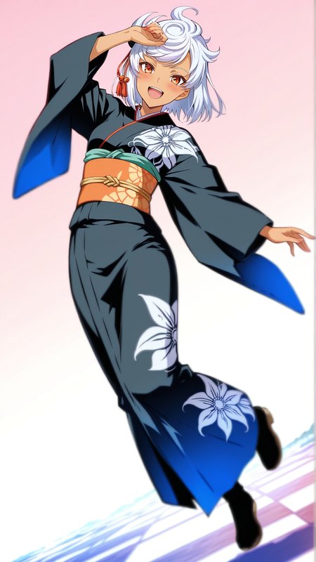 source_anime, general, best quality, masterpiece, 1girl, <lora:Tissisaaq_ill_v1.0:1> tissisaaq\(scarlet grace\),white hair, short hair, dark skin, dynamic pose, dutch angle, Japanese Kimono, happy, embarrassed,  full body,