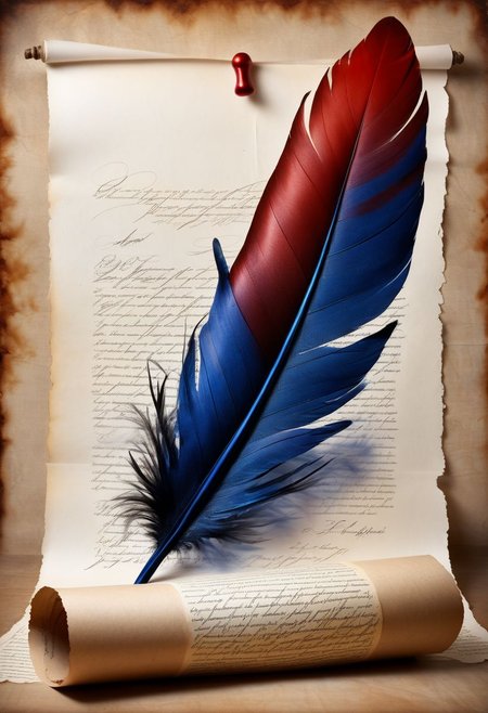 mysterious phoenix feather gliding through the air, single drop of deep blue ink dropping from the tip of the feather into a half full ink pot while an old piece of aged paper scroll with beautiful writing and burning edges is hovering in the middle of it all, lightrays backlighting glorious feather, burning paper scroll, lightrays backlighting smoke, fading blue red background, by Minjae Lee, Carne Griffiths, Emily Kell, Steve McCurry, Geoffroy Thoorens, Aaron Horkey, Jordan Grimmer, Greg Rutkowski, amazing depth, double exposure, surreal, geometric patterns, intricately detailed, bokeh,  perfect balanced, deep fine borders, artistic photorealism , smooth,  great masterwork by Suiras  <lora:add-detail-xl:2>  <lora:Double_Exposure:0.5>