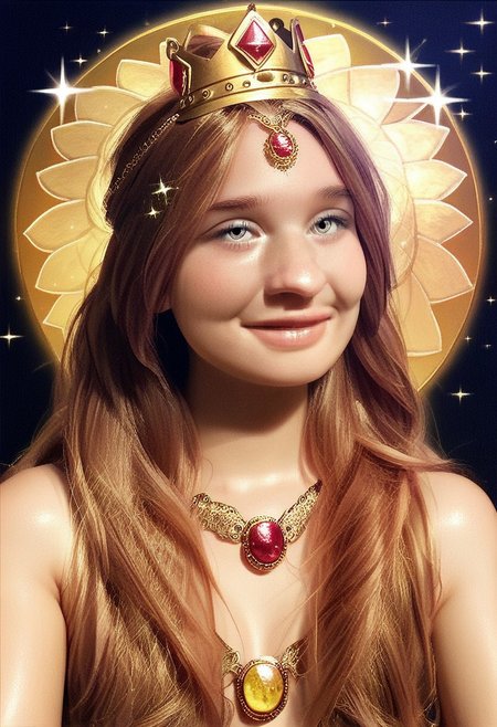 score_9, score_8_up, score_7_up, 1girl, solo, (Pito:1.4), long brown hair, grey eyes, queen, dressed, golden crown, jewels, goddess, 30yo, 
Inviting, (quirky, flirtatious:1.3), happy,
((Majestic, golden glow, sparkles, heavenly background))