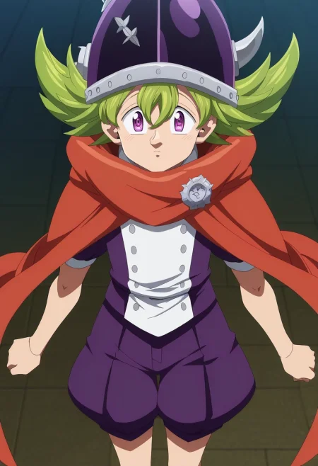 masterpiece, best quality, , anime screencap, anime coloring, official style, looking at viewer, 1boy, solo, male focus, <lora:percival_nnt_mny_ilxl:1>, percival_nnt_mny, green hair, purple eyes, spiked hair, hair between eyes, bangs, helmet, horned headwear, orange cape, puffy shorts,