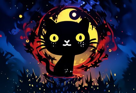 score_9,score_8,score_7,high quality, highres, high resolution, dark lighting, sitting, mio_pucca, black cat, cat, black body, tail, cat, black cat, solo, 1boy, :3, yellow sclera, yellow eyes, european village, at night, moon, looking at viewer, starry sky, unholy, green and purple, occultoculi,, 1gothic1, red