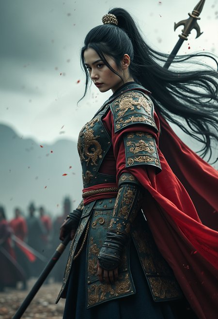 cinematic film still A powerful and heroic depiction of Mu Guiying, a legendary Chinese female warrior, standing tall and confident on a battlefield, wearing ornate armor decorated with intricate dragon motifs and a flowing crimson cape. Her expression is fierce and determined, with long black hair cascading down her back, and a spear held firmly in her hand. The background shows a dramatic landscape with stormy skies and distant mountains, capturing the intensity of ancient warfare. , emphasizing vivid colors, dynamic movement, and intricate details, creating a sense of strength, bravery, and timeless heroism.
highly detailed background, 
<lora:ImageUpgraderV2:0.6> detailmaximizer  . shallow depth of field, vignette, highly detailed, high budget, bokeh, cinemascope, moody, epic, gorgeous, film grain, grainy