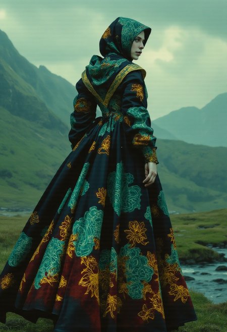 A hyper-realistic woman in a flowing medieval robe adorned with intricate multicolored floral patterns, glowing vividly with hues of sapphire blue, emerald green, ruby red, golden yellow, and amethyst purple. Each flower features thick, luminous outlines matching its color, creating a mesmerizing contrast against the robe’s dark crimson and black base. The high collar and sweeping train remain intact, now radiating with a magical, dynamic vibrancy. Her partially pulled-back hood frames her determined face, illuminated softly by the glow of the multicolored floral designs. She strides through a dramatic Scottish Highlands backdrop, rendered in photographic realism with rolling mist and jagged mountain peaks. The cool greens and grays of the misty terrain enhance the warmth and brilliance of the glowing patterns. The lighting is cinematic, with overcast skies casting a diffused, ethereal glow, while the floral patterns emit a faint, magical light. HD quality, R-ESRGAN 4x+, cinematic depth of field, dynamic contrast. (ne0nfant4sy, midjourney_whisper_avant_couture)