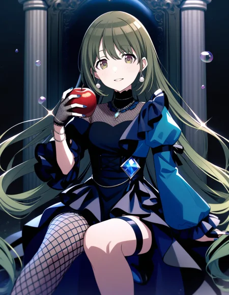 n_nanakusa, 1girl, solo, long hair, very long hair, green hair, bangs, green eyes
fishnets, jewelry, dress, looking at viewer, earrings, apple, thigh strap, fruit, gloves, nail polish, holding, holding fruit, single glove, long sleeves, blue dress, see-through, fingernails, black dress, puffy sleeves, high heels, sitting, parted lips, pillar, throne, floating hair, smile, fishnet gloves, frills, necklace, gem, fishnet thighhighs, blue footwear, single thighhigh, pearl (gemstone), frilled sleeves, bubble, wide sleeves, bracelet, fingerless gloves, food, asymmetrical sleeves, black footwear, glint, column, straight hair, breasts, black gloves
<lora:a31_n_nanakusaXL:1>
