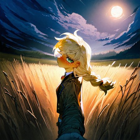 applejack , 1girl, blonde_hair , cloud ,colored_skin, furry, furry_female, long_hair,orange_skin ,outdoors, personification , solo, , wheat_field,Straw ,dot_nose, freckles, green_eyes , medium breast,night, moon, moon light, deep night, galaxy,
green_pants, jacket,long_hair, official_alternate_costume, open_jacket, pants, single_braid, yellow_shirt,adapted_costume , braid ,brooch ,brown_belt, brown_hat, brown_jacket, buttons, cowboy_hat ,detached_collar, knee_boots,  windy,from side,from behind,looking at viewer,outstretched arm,reaching towards viewer,walking,drunk,blush,pov ,good end,cowboy shot, steaming body,
rella, rolua,  quasarcake:0.8, negative space,  very awa,
masterpiece, best quality, Good quality, very aesthetic, absurdres, newest, (Perfect details),
<lora:ponyv5_noobV065S_1_adamW:0.8>, <lora:illustrious_noobai_epsilon_pred_1_best_quality_v1:0.7> ,<lora:illustrious_noobai_epsilon_pred_11_very_aesthetic_v1:0.7> ,<lora:illustrious_noobai_epsilon_pred_1_masterpieces_v1:0.7> , <lora:Straw_thread:1>