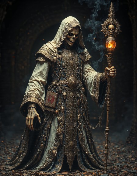 R3alisticF, fantasy photo of an evil male lich in an opulent but worn out white baroque dress with tan and brown accents and a crinoline. an undead skeleton necromancer holding a magic scepter. A grimoire hangs chained to his leather belt. evil laughter. he's wearing a , jewelry, metal pauldrons. skeleton hands. cel shading, dark fantasy, full length portrait, ancient, weathered, worn out clothing, dusty, dirty, rugged, dark background <lora:FluxMythR3alisticF:1>