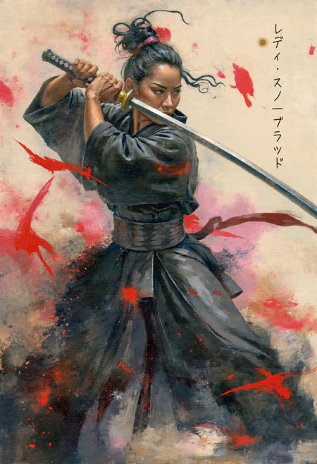 kwil, Create an abstract expressionism painting: A dynamic and expressive painting of a mid-aged woman wielding a sword. The woman is dressed in traditional black clothing with hair tied in a knot. The scene captures the motion of the sword with bold red and black brushstrokes, creating a dramatic effect. The background is bright, contrasting with the dark and red colors of the figure and brushstrokes. Red splatters and lines add an intense and energetic atmosphere. The painting features a mix of expressionism and abstract art, with symbolic representation of strength and movement. Influences of traditional Japanese art and culture are evident.