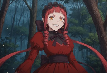 <lora:Rafflesia>,rafflesia,score_9, score_8_up, score_7_up, highres, source_anime, masterpiece, 1girl,solo,detailed face, detailed eyes, multicolored eyes, red eyes,detailed eyes, red hair, orange eyes, demon girl, frills, twintail, frills, today, (red dress),demonic eyes, night, rotting forest, pollen, decaying forest, casting magic, scary forest, twintail, twin drills, long hair, dark, closed mouth, tree,withering tree, dying tree, dark forest,grin, fang, particle effects, large breasts,  hair flower,jewelry, earrings, makeup