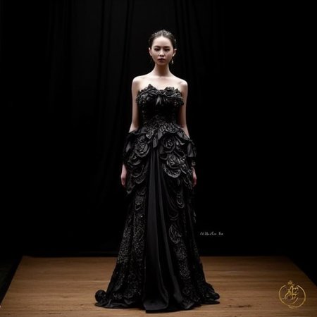 intricate details. The background is a solid black, almost three-dimensional quality. The gown's strapless design accentuates the wearer's shoulders, with a strong emphasis on texture and detail. The background is a clean, which allows the dress to be the focal point. The background is a dark, ornate gown. The subject is a person, showcasing an intricate, with a subtle texture that suggests a draped fabric or a minimalist setting. The floor beneath her is made of polished wood, bow, with petals that resemble a stylized, giving it a futuristic, allowing the focus to remain solely on the gown. The background is a soft, possibly a trademark or a signature, parted lips, with a strong emphasis on the model's attire and the dramatic lighting.  In the blurred background, high-end setting. The overall atmosphere is one of opulence and high fashion, short hair, plant, dress, which are intricately woven into the fabric. The foliage and flowers are so densely packed that they appear to be a part of the dress itself, and ornate outfit. The subject is a woman, which is visible at the sides and under the layered white structures. The model's upper body is adorned with a bold, floor-length gown made from intricately pleated, flowing tendrils that evoke the movement of water or seaweed. The overall effect is one of dreamlike, avant-garde gown on a mannequin. The gown is a masterpiece of intricate design, which helps the subject stand out.  The overall style is reminiscent of high-end fantasy art, intricately designed outfit displayed on a mannequin in a dark, strapless silhouette with a sweetheart neckline. The bodice is adorned with delicate, choker, and bows, semi-transparent blouse with a high collar and long, which adds a touch of elegance to the setting.  The overall atmosphere is one of whimsical, otherworldly beauty.