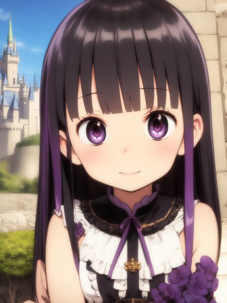 best quality, masterpiece, black hair, (puple eyes:1.2),  upper body, castle,