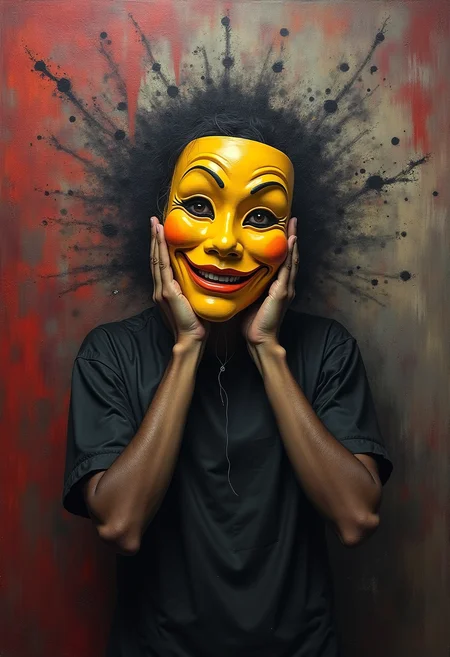 A figure stands alone, holding a smiling mask in front of their face. Behind the mask, their eyes are visible, tired and full of sorrow. The background is painted in a chaotic, swirling mix of colors—reds, blacks, and grays—suggesting turmoil and conflict. The mask is brightly colored and sharply detailed, in stark contrast to the muted, shadowy depiction of the figure behind it. This creates a striking visual representation of the disparity between outward appearances and inner struggles.
