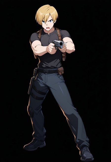 masterpiece, best quality, amazing quality, very aesthetic, absurdres, newest,shiny skin,, anime screenshot,  anime coloring, le0n_k3n, male, black shirt, shoulder holster, blonde hair, blue eyes, Gun in hand, aiming, simple background,  black background,   open mouth, looking at viewer, xdive, Serious expression, Full body,
