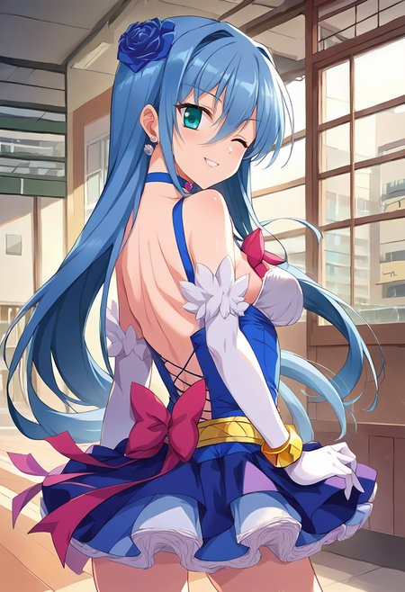 score_9, score_8_up, score_7_up, source_anime, masterpiece, 1girl, ct_ruri, blue hair, medium breasts, earrings, long hair, hair flower, choker, blue short dress, pink bowtie, elbow gloves, bracelet, cross-laced footwear, looking at viewer, indoors, japanese home, cowboy shot, from behind, looking back, one eye closed, smile,  <lora:ReiRurisawa_FairyKanon_Pony_ct_ver2-000007:1>