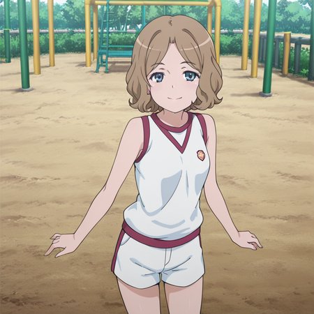nsfw, masterpiece, best quality, amazing quality, 1girl, solo, index_railgun_wannai_kinuho, standing, smile, blue eyes, white shorts, brown hair, white shirt, short hair, sleeveless shirt, gym uniform, looking at viewer, outdoor, playground, 
<lora:Wannai_Kinuho_-_Index_Railgun:0.7>
