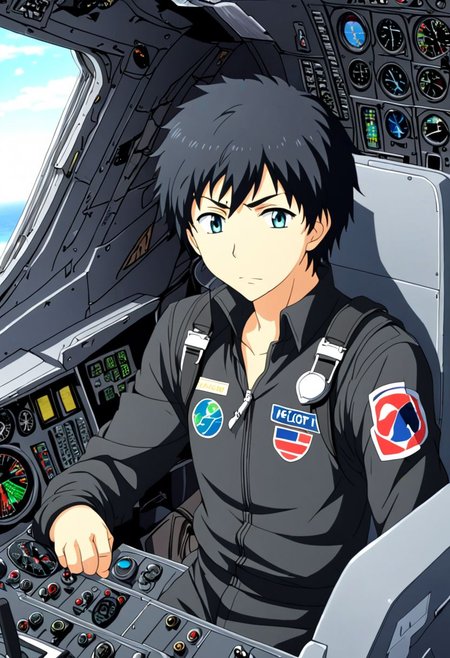 high resolution, solo, best quality, 1Boy, Arata Kaizaki, Black Hair, Pilot, Cockpit, OverallDetail