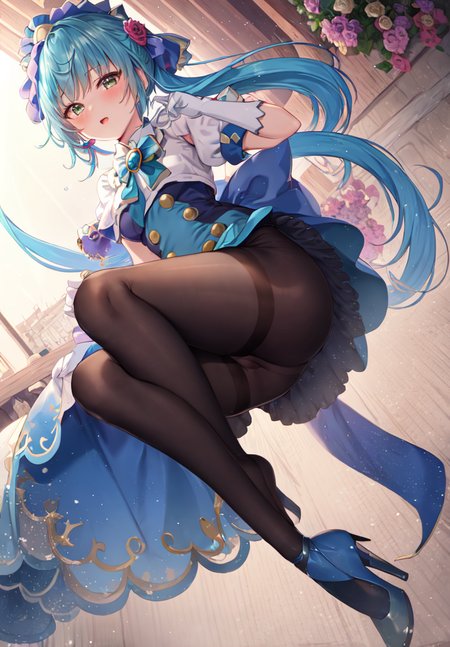 ((masterpiece, best quality)),
1 girl,standing ,full body,(View from a little higher up),small_breasts,
cure-Spicy,blue legwear,dress,gloves,((navy blue pantyhose)), puffy sleeves,white gloves,navy blue footwear,brooch,jewelry,bangs,frills,flower,(blue skirt,long skirt,)high heels,(blue hair,)multicolored hair,Right side ponytail,jewelry
<lora:Cure-Spicy_v2:0.6:ALL1>