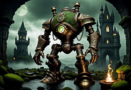 giant bipedal robot dirty cream and dark green, bronze paisley robot. lacy robot metal. diving helmet head. outside of a steampunk keep. large detailed torso. dark image. one forty foot tall ancient robot with great arms and two heavy spring legs. dark foggy night background. $dark foggy night image only. dark photo realistic image. steampunk details. cogs, chains and pipes incorporated in the fantasy buildings. magic wizards tower in background. Dark swamp, moss, castle ruins, wizards tower. stormy dark night.  stormy sky.