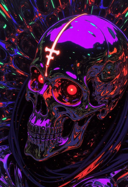A hyper-realistic digital chrome art piece featuring a silver skull with a subtle tint of iridescent molten copper, its reflective surface warping and distorting the environment around it. The skull’s deep-set eye sockets glow with intense, pulsating red light, radiating an eerie, otherworldly energy. On its forehead, a luminescent, shifting holy cross tattoo flickers between ultraviolet, neon cyan, and spectral magenta, contrasting sharply against the mirror-like metallic sheen. The polished surface catches fragmented highlights and deep shadows, enhancing its intricate contours. Surrounding the skull, the background forms a mesmerizing optical illusion, composed of fractal lines and glowing, vibrant neon dots that pulse with hypnotic movement, blending hues of electric blue, radioactive green, and infernal orange to create a surreal, immersive visual art piece. A futuristic, liquid-metal mask in chromatic black and neon violet seamlessly integrates with the skull, its edges shifting like molten metal under the dynamic, cinematic lighting. Every detail, from the polished reflections to the shifting light play, is captured in ultra-high-definition, making the composition a fusion of cybernetic horror and divine surrealism.