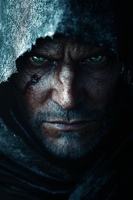 A weathered traveler with piercing green eyes and a faint scar along their cheek. Their face is illuminated by the soft glow of a lantern, shadows dancing across their sharp features. A hood rests on their shoulders, revealing strands of unkempt hair. Their gaze is intense, carrying the weight of untold stories and distant journeys. Style: Hyperrealism with rich textures and moody lighting.  --ar 2:3 --v 6.1 --stylize 400  --sref 2839290101  --sw 100