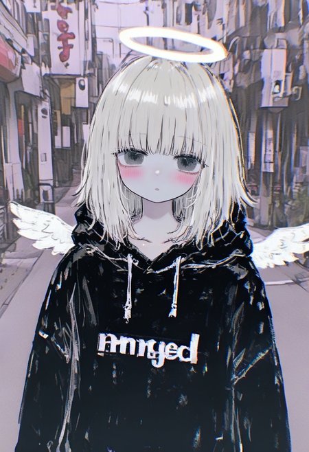 halo, 1girl, hood, solo, hoodie, looking at viewer, wings, hood down, upper body, black hoodie, angel, medium hair, bangs, outdoors, angel wings, white hair, long sleeves, blush, grey eyes, drawstring <lora:748cmXL_NBVP1_lokr_V6311P:0.95>
