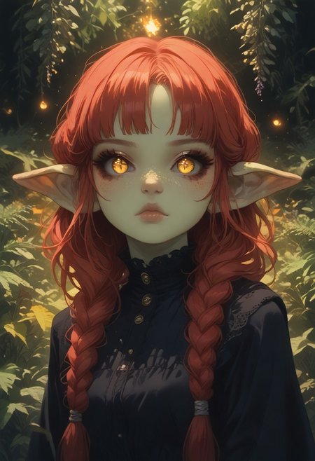 (Score_9:1.1), score_8_up, score_7_up,
(glimmer,glitter,limited lighting, high contrast, highres, closed_mouth:1.4, absurdres),(leaning forward:0.4)
Fl0ralD0lls ,Goblin
solo, short stature, shortstack, pointed ears, big eyes,goblin ears, goblin woman, green skin, big eyes, glimmering eyes, (black sclera, slit pupils, yellow iris, glowing iris), (ferns:1.3), realistic, focus on face, hime cut, red hair,((hair in very long single braids)), big lips, full lips, glossy lips, matte skin, matte colours