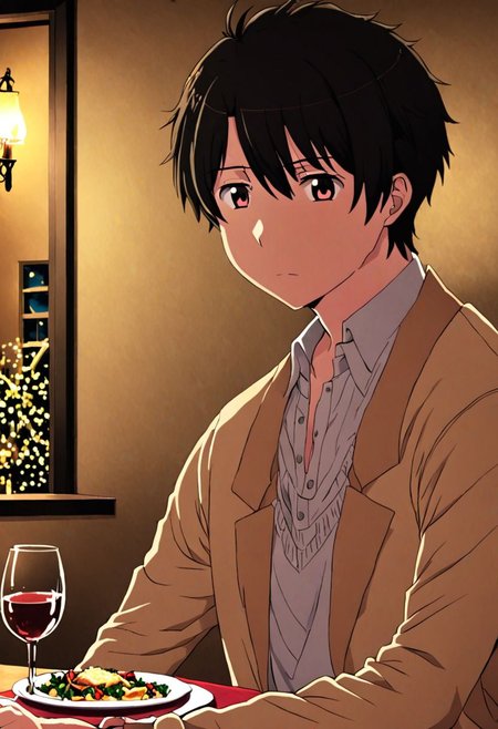 high resolution, solo, best quality, 1Boy, Inaho Kaizuka, Black Hair, dating, romantic, dinner, OverallDetail