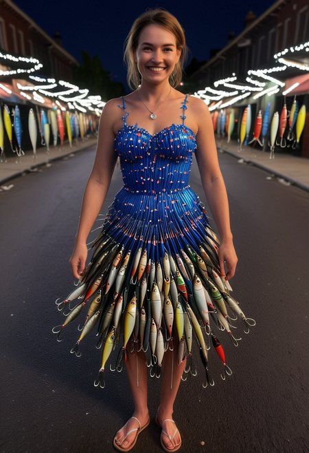 F15HLUR35, a woman wearing a dress made of fishing lures,  woman smiling, set in the street at night, city, ,Masterpiece,best quality, raw photo, realistic, very aesthetic