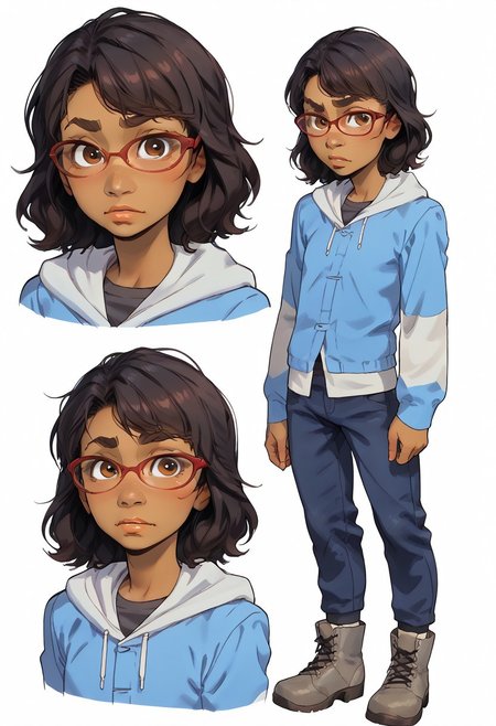 score_9, score_8_up, score_7_up, score_6_up, score_5_up, score_4_up, conceptart,multiple views,white background,simple background,<lora:concept:1>,
1girl, solo,, 
TWD_Sarah,, , Latina-American, brown eyes, black hair, medium hair, dark skinned female,,, ,, young face, ((red frame glasses, blue and white hooded jacket, dark-gray shirt, blue jeans pants, gray boots,)),, young, flat chest,
<lora:princess_xl_v1:0.7>, <lora:Expressive_H:0.6>, <lora:incase-ilff-v3-4:0.5>, <lora:MysticalPlantPenetratorPDXL:0.5>, <lora:Sarah_TWDv2:1>