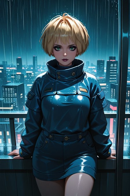 masterpiece, best quality, absurdres,
<lora:ILCyberMisty:0.8>
CyberMisty, 1girl, blonde hair, green eyes, makeup, looking at viewer, cowboy shot, rain, at night, cityscape