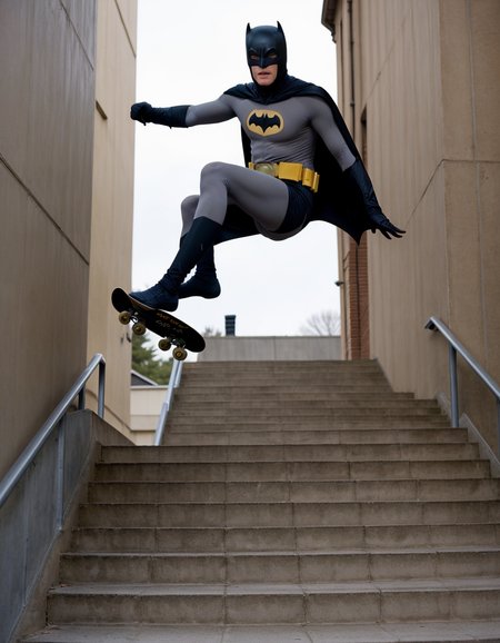 <lora:Batman:0.4> batman , doing a kickflip on a skateboard off a staircase 
,