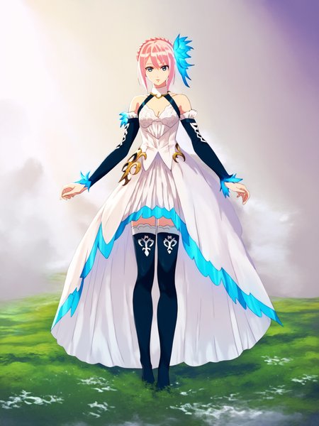 <lora:ShionneV2-09:1> 15 shionne 01b weddingdress, shionne 01b, pale skin, long hair, (blue eyes), wedding dress 1girl, solo, breasts, 1Girl, hair ornament, thighhighs, dress, bare shoulders, full body, pink hair, braid, detached sleeves, black thighhighsscore_9, Score_8_up, Score_7_up, Score_6_up,   <lora:detailed_backgrounds_v2:0.6> scenery, masterpiece,  best quality, very aesthetic .