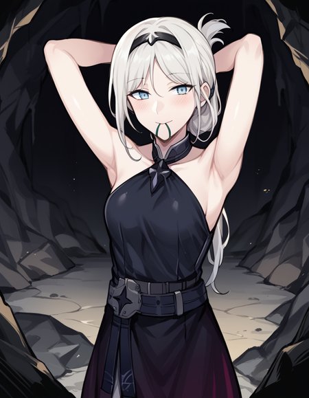 score_9, score_8_up, score_7_up, source_anime, <lora:girlsfrontline-an-94-ponyxl-lora-nochekaiser:1>, an-94, an-94 (girl's frontline), long hair, blue eyes, white hair,, bare shoulders, belt, black dress, black gloves, collarbone, dress, folded ponytail, gradient clothes, gradient dress, hairband, hair ornament, halterneck, halter dress, purple dress, sidelocks, single glove, mature female, small breasts, wristband,, cave, darkness, rocks, underground, stalactites, smile, <lora:hair-tie-in-mouth-ponyxl-lora-nochekaiser:1>, hair tie in mouth, hair tie, mouth hold, rubber band, blush, tying hair, adjusting hair, hands in hair, arms up, arms behind head, ponytail, hand in own hair, hair lift, cowboy shot, looking at viewer, looking at viewer, solo,, dutch angle, cowboy shot