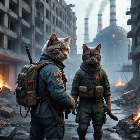 anthropomorphic, two stalker cats, two cats in stalker clothes, backpack and weapon behind their backs, located in the exclusion zone, night, (((two stalker cats sitting by the fire))),Chernobyl, Chernobyl nuclear power plant, detailed equipment, detailed environment, realistic rendering, photorealistic, hyperdetailed. ((best quality)), ((masterpiece)), ((realistic)), ((detailed)), full-length portrait, blurred pale eyes, looking at the viewer, natural light, cinematic photo, grainy photo, noise in the photo, High dynamic range, vivid, rich details, clear shadows and highlights, realistic, intense, high contrast, highly detailed, extremely detailed, depth of field, detailed fur,
Chernobyl disaster, Nuclear power plant was destroyed after the explosion, Apocalypse, fire, minimalist short clothes, anti-social, running, falling snow, cyberpunk destroyed ancient city, complex details, 8k post-production, cinematic color,((off camera)), cinematic photography style, light grain<lora:skj_cinematic:0.8>