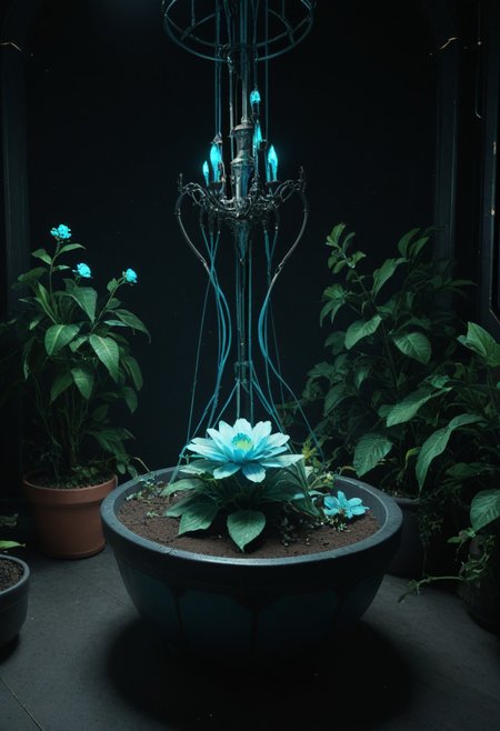score_9, score_8_up, score_8, 
cyberpunk, Albrecht, no humans, 
(flower pot:1.2), blue lace,
glowing, black background, blue glow,