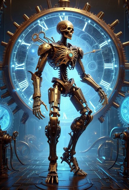 This is a highly detailed CGI rendering of a humanoid figure with a skeletal frame, resembling a steampunk or mechanical design. The figure stands upright in a clock based sci-fi future world. The skeletal structure is intricate, with multiple joints and bones clearly visible, giving it a robotic appearance. The head is a large, round, clock-like mechanism with Roman numerals and a small, central arrow pointing to the time "IIII." The clock face is surrounded by ornate, golden metalwork and a complex network of gears and cogs, suggesting a high level of mechanical sophistication. The figure's arms and legs are elongated and thin, with visible tendons and joints, adding to the mechanical feel. The hands and feet are claw-like, with sharp, metallic talons. The entire figure is made of a light brown, metallic material, giving it a weathered, aged look. There are additional mechanical parts and tubes attached to the figure's torso, suggesting advanced engineering or a steampunk aesthetic. The overall style is reminiscent of Victorian-era machinery, with a blend of organic and mechanical elements. The image is highly detailed, with a realistic texture and shading that emphasizes the intricate design and craftsmanship. Cyberspace, glowing magical energy in cyberspace