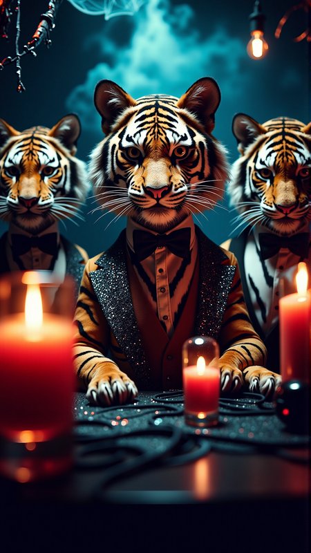 A realistic photo of a halloween tigers in sparkling neckties serving cocktails in a magical underground nightclub<lora:DarkmosphericFlux:0.75>