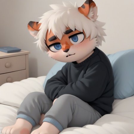 ((milkytiger)), white hair, blue eyes, tiger, furry, black sweater, gray shorts, 1boy, solo, sitting, in bed, shy, blush