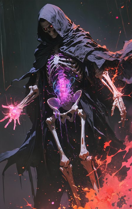 lyh_niji, A skeletal necromancer, draped in a tattered dark veil, disintegrates into colorful dust mid-spell.  His transparent torso and visible internal skeleton structure has fluorescent fluid flows through his artificial blood vessels. His dynamic pose suggests a final, desperate act of dark magic. Empty eye sockets glow with malevolent energy. The scene is bathed in eerie, otherworldly light, with deep shadows enhancing the sense of mystery and dread. The color palette is dark and desaturated, with the  living coral palette dust providing a stark contrast. A low camera angle emphasizes the necromancer's power, even in death. Subtle particle effects highlight the swirling magical energy. The overall atmosphere is one of decay, desperation, and the lingering echoes of powerful magic. Dark fantasy aesthetic, by Frank Frazetta and Anato Finnstark style