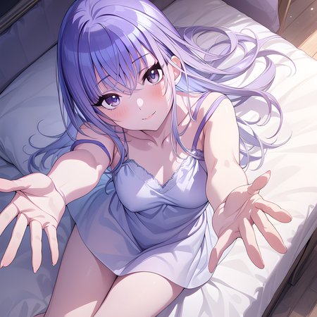 (masterpiece),(best quality),(ultra-detailed),(best illustration),(best shadow),(absurdres),(detailed background),(very aesthetic), 1girl, solo, hana suzuki, long hair, purple eyes, purple hair, night gown, seductive smile, sitting on bed, looking at viewer, blush, outstretched arms, five finger, hug, lying on bed, from above<lora:Hana_Suzukié´æ¨ç¾½é£_-_ã¢ã¤ãã«ãã¹ã¿ã¼_ã·ã£ã¤ãã¼ã«ã©ã¼ãº_SDXL_Animagine_XL_3.1:1>