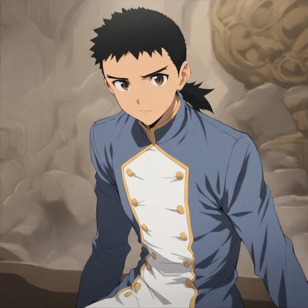 solo,looking at viewer,masterpiece,high score,great score,absurdres,<lora:Kenshi_Masaki ag4o v1:1> 1boy, kenshi_masaki, black hair, ponytail, brown eyes,blue long sleeves,white front with buttons,
