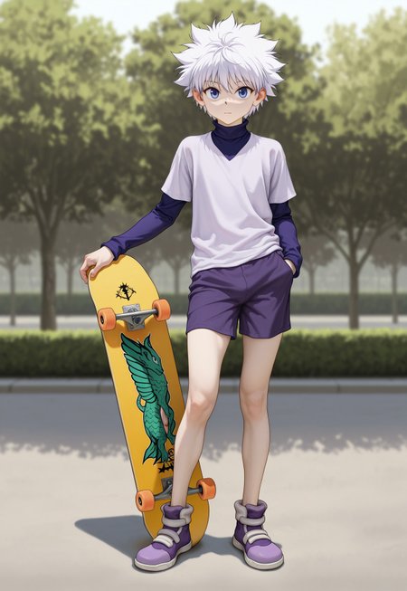 safe_pos, masterpiece, extremely detailed, best quality, amazing quality, very aesthetic, high resolution, ultra-detailed, absurdres, highres, newest, scenery, volumetric lighting, 1boy, solo, male focus, beitemian, betm, BREAK  killua_zoldyck, white hair, blue eyes, hunter x hunter, shirt, turtleneck, layered clothes, shorts, shoes, skateboard, park, full body, looking at viewer, slim, hand_in_pocket, holding_skateboard, purple footwear, 