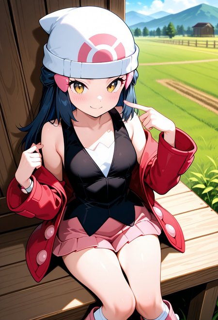 1girl,dawn_(Pokemon),solo,farm,soft smile,pointing at self,(black sleeveless dress),black long hair,pink hairclip,white beanie,pink buttons on coat,coat partially removed,red Peacoat,white kneehighs,
pink boots,pink miniskirt,(tsurime:1.2),cream yellow eyes,perfection style,masterpiece,best quality,amazing quality