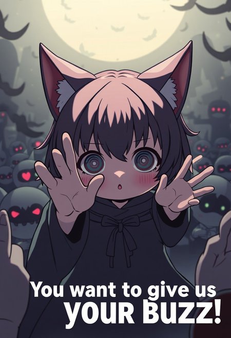 kawaii anime art style, cultist girl hypnotizes the viewer, cult, crowd, occult, darkness, chibi, cat ears, neko, spiral eyes, large text "You want to give us your buzz"