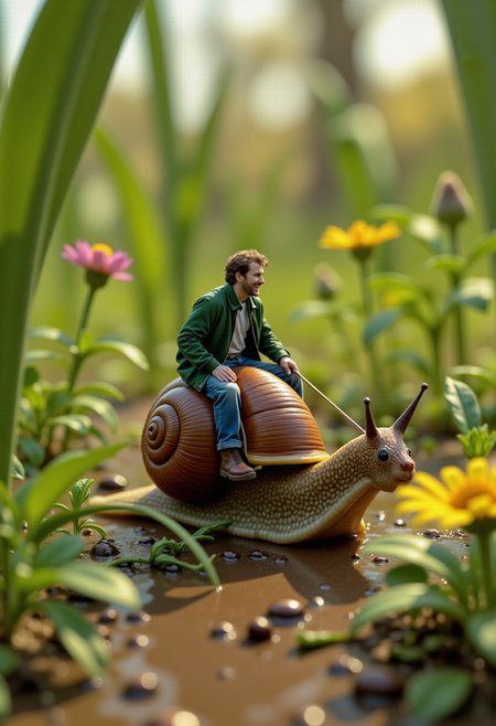 highly detailed closeup, a bright daytime shot of a miniature man wearing a green jacket, riding a snail, sunlight glinting off the snailâs wet, textured shell as it slowly glides across a lush garden. The man, holding a thread-like harness, sits confidently on the snailâs back as if embarking on an adventure. Around them, oversized blades of grass and wildflowers tower high, creating the impression of a vast, vibrant landscape. The sunlight filters through the leaves, casting dappled light on the ground and illuminating the snailâs glossy trail. The manâs expression is one of excitement and determination as he rides the snail through this towering natural world, with the scene feeling whimsical and full of wonder, bathed in the warmth of a sunny day,