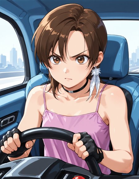 <lora:lisa-exdriver-illustrious-000015:0.8> exdlsa, brown eyes, feather earrings, choker, fingerless gloves, camisole, 1girl, solo, determined, v-shaped eyebrows, vehicle interior, holding, driving, front view, upper body