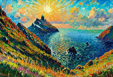 Witcher 3 landscape, ((Skellige, Kaer Trolde)), cmnt, style of Monet, wallpaper style, vibrant beautiful colors, highly detailed, aesthetic, great lighting, extremely detailed, award winning, perfect composition, a rich and complex image, a vibrant tissue of hues and textures captured digitally, best quality, captivating, intricately detailed, hyper detailed, maximalist style, sharp focus, dynamic lighting, superb composition, finest details, highest aesthetics, best quality, sharp focus, high contrast, stylized, clear, colorful, ultra quality, 8k, best quality, masterpiece,midjourneyv6.1