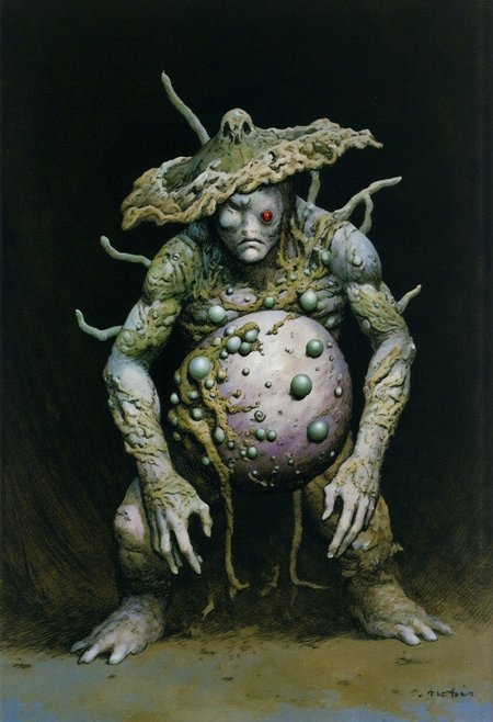 b3rs3rk macro lens d4concept pov, 3D01S, simple background d4artstyle atmospheric and powerful MikeFranchinastyle dark fantasy, natural organic and first person pov of a berserk style creature in the frazetta drawing style and Tsutomu Nihei style
Anthropomorphic mushroom creature, combining traits from various fungi. The creature has a bulbous, rounded body covered in textured, pale skin, with patches of moss and fungal growths sprouting from its surface. Its head resembles a large mushroom cap with a rugged, uneven edge, drooping slightly over its round face. Small, glowing eyes peer out from under the cap, giving it an inquisitive expression. Multiple spore sacs and fungal sprouts protrude from its back and shoulders, some resembling clusters of smaller mushrooms while others are elongated stalks. The creature’s arms are stubby and end in root-like fingers, while its legs are thick and sturdy, with mycelium-like tendrils wrapping around its feet. There are patches of bioluminescent fungi dotting its form, emitting a faint glow. The skin texture is highly detailed, mixing smooth, rubbery surfaces with rough, bark-like areas. 
Background solid color with a faded dimly lit, fog-covered darkness tone that emphasizes its silhouette. 
UHD letterboxed game trailer frame chromatic aberration dark atmosphere sharp masterpiece with a focus on the character, elden ring, dark atmosphere