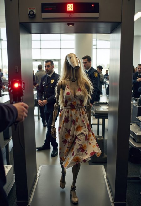 A comical scene at an airport security checkpoint, where a Star Wars battle droid is walking through a metal detector. The droid is humorously dressed in a flowing sundress with floral patterns and has long, luscious blonde hair cascading down its metallic frame. The metal detector’s red warning light is blinking furiously, and a loud alarm is going off as the droid stands awkwardly in mid-step. TSA officers in uniforms are gathered around, looking both confused and concerned, with one officer holding a scanner and another pointing at the droid. The background features a typical airport security setup, with conveyor belts, plastic bins, and travelers in line, some glancing at the bizarre scene. The lighting is bright and sterile, capturing the humorous contrast between the droid’s rigid frame and its unexpected, whimsical outfit