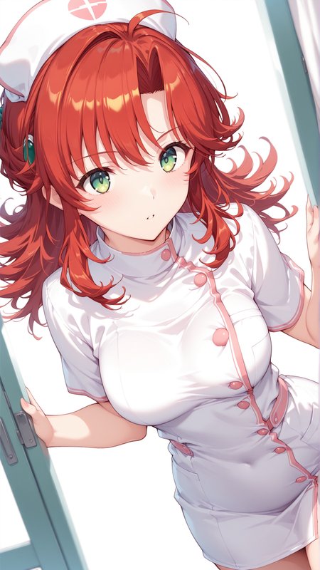 source_anime, general, best quality, masterpiece, 1girl,  <lora:festenia_ill:1> festenia_muse,red hair,long hair,green eyes,nurse, dynamic pose, dutch angle,